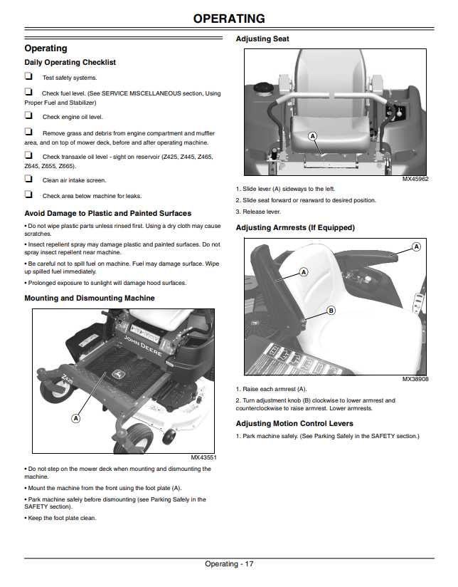 JOHN DEERE Z425, Z445, Z465, Z645, Z655, Z665 EZTRAK OPERATOR MANUAL OMM166321