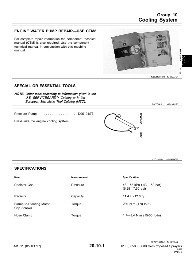 JOHN DEERE 6100, 6500 AND 6600 SELF-PROPELLED SPRAYER TECHNICAL MANUAL TM1511
