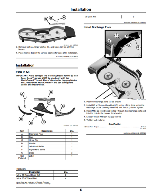 JOHN DEERE MULCHCONTROL™ FOR Z515E AND Z530M ZTRAK™ WITH 60 INCH ACCEL DEEP™ MOWER DECK OPERATOR MANUAL OMUC28994