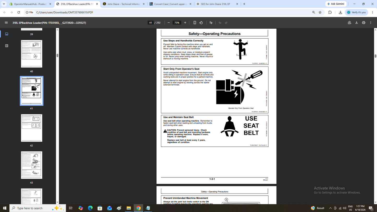 JOHN DEERE 310L EP BACKHOE LOADER OPERATOR MANUAL OMT357606X19