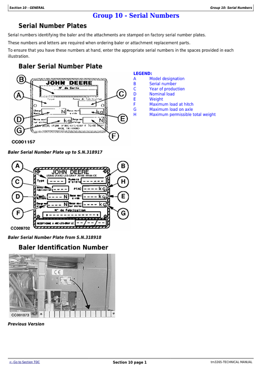 JOHN DEERE 540, 545, 550, 570, 580, 590 ROUND BALER TECHNICAL MANUAL TM3265