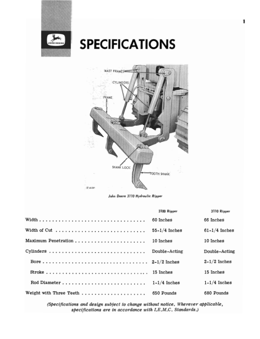 JOHN DEERE 3100 AND 3110 HYDRAULIC RIPPER OPERATOR MANUAL OMT25095