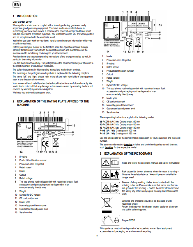 JOHN DEERE 36-ACCU (SA1780), 40-ACCU (SA1781), 43-ACCU (SA1782), R40B (SA1791), R43B (SA1792) LAW MOWERS OPERATOR MANUAL SAU17002