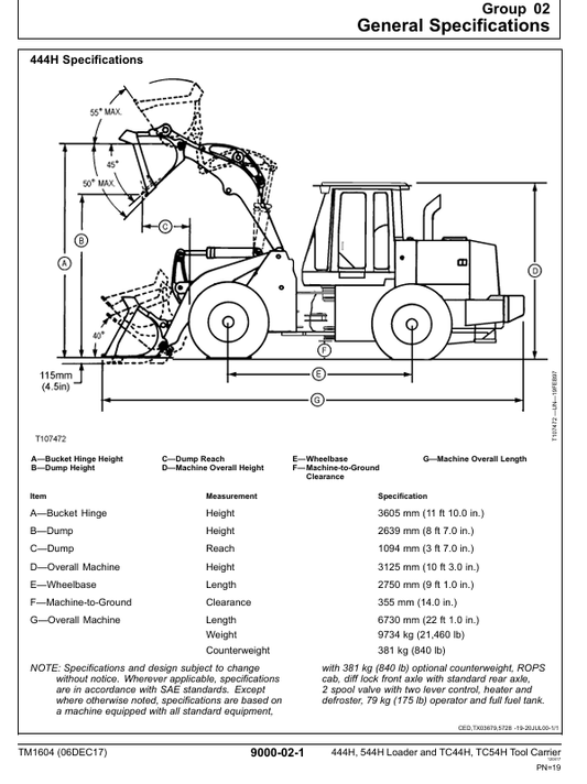 JOHN DEERE 444H, 544H LOADER, TC44H, TC54H TOOL CARRIER LOADER OPERATION AND TEST TECHNICAL MANUAL TM1604