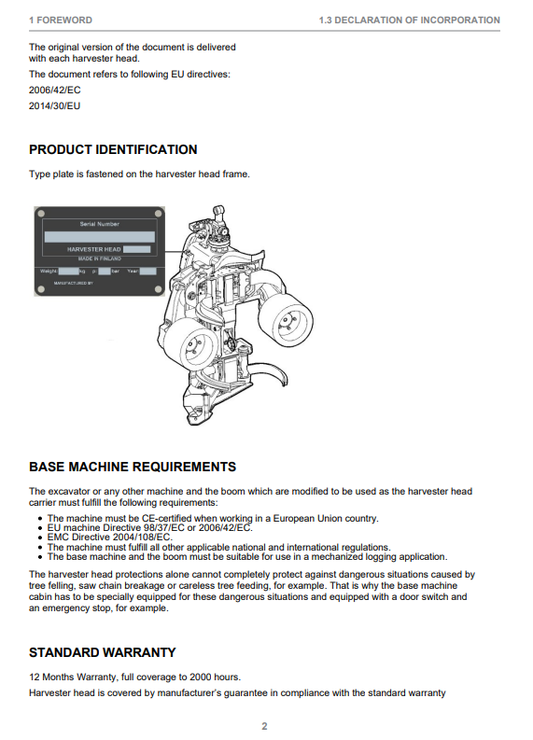 JOHN DEERE H290 HARVESTER HEAD OPERATOR INSTRUCTION MANUAL F076333