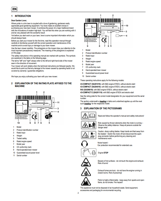 JOHN DEERE 43-COMPACT, 43-COMPACT E, R43 LAW MOWERS OPERATOR MANUAL SAU16196