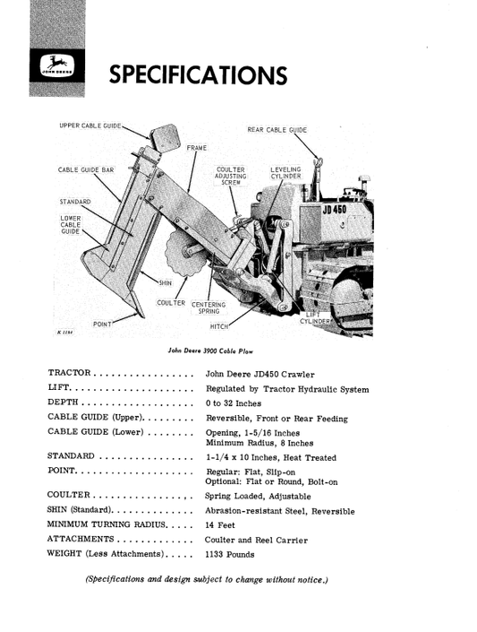 JOHN DEERE 3900 CABLE PLOW OPERATOR MANUAL OMK38584