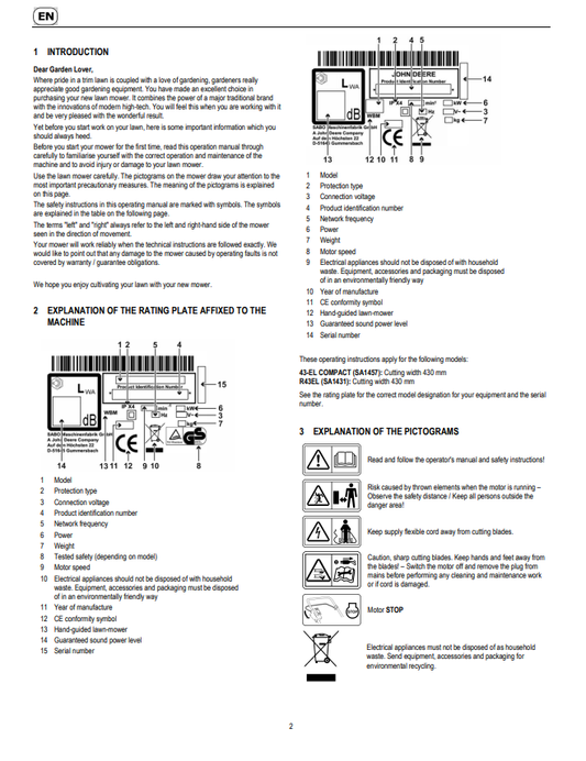 JOHN DEERE 43-EL COMPACT, R43EL LAWN MOWERS OPERATOR MANUAL SAU14734