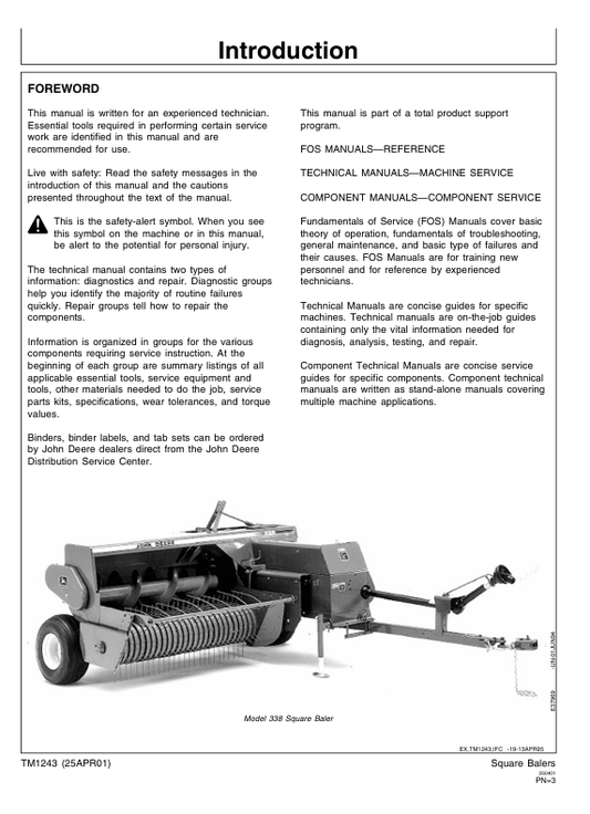 JOHN DEERE 327, 328, 336, 337, 338, 346, 347, 348, 466, 467, 468 SQUARE BALER TECHNICAL MANUAL TM1243