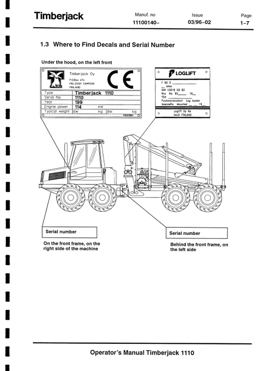 JOHN DEERE 1110A FORWARDER OPERATOR MANUAL F045786