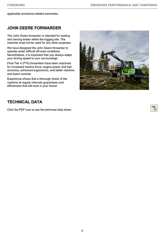 JOHN DEERE 1110G / 1210G / 1510G FINAL TIER 4 FIXED CABIN, GEN II CTL FORWARDER OPERATOR INSTRUCTION MANUAL F723212
