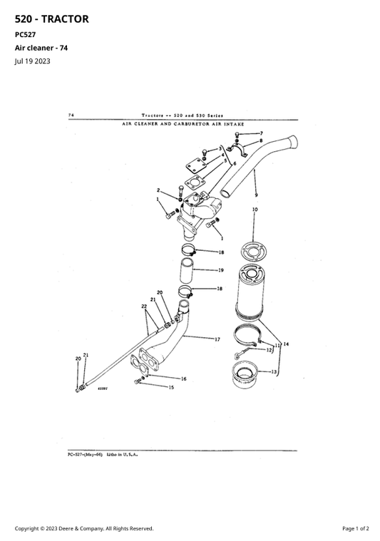 JOHN DEERE 520, 530 SERIES TRACTOR PARTS CATALOG MANUAL PC527