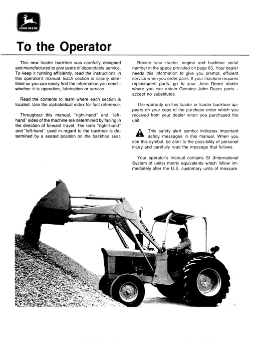 JOHN DEERE JD300-B BACKHOE LOADER OPERATOR MANUAL OMT56369