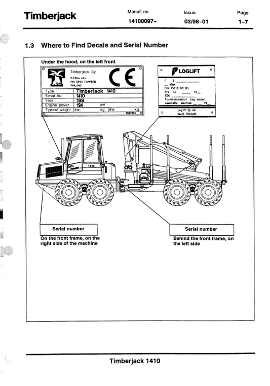 JOHN DEERE 1410A FORWARDER OPERATOR MANUAL F055194