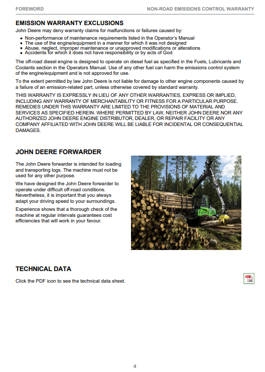 JOHN DEERE 1110G / 1210G / 1510G TIER 2 ROTATING & LEVELING CABIN CTL FORWARDER OPERATOR INSTRUCTION MANUAL F723236