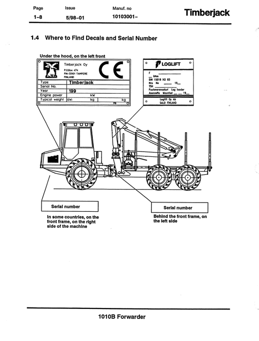 JOHN DEERE 1010B FORWARDER OPERATOR MANUAL F053289