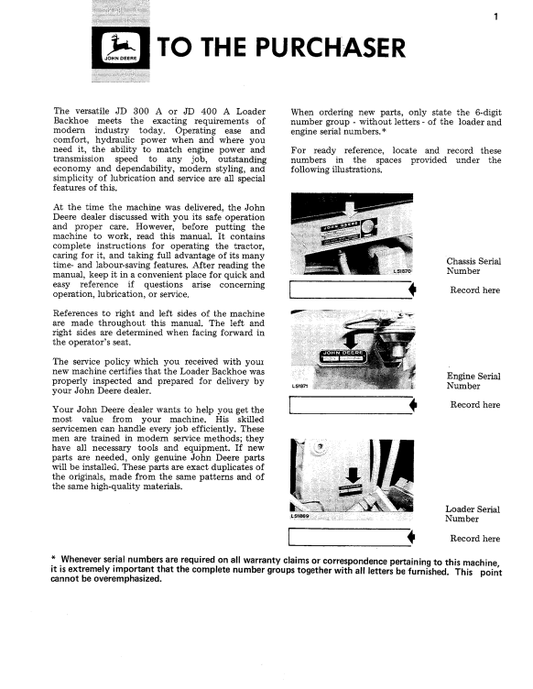 JOHN DEERE JD300-A AND JD400-A BACKHOE LOADER OPERATOR MANUAL OML27245