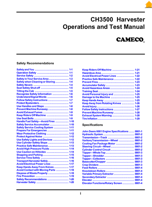 JOHN DEERE CAMECO HARVESTER CH3500 1067 OPERATION & TEST MANUAL