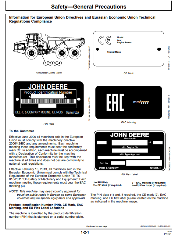 JOHN DEERE 410E-II AND 460E-II ARTICULATED DUMP TRUCK OPERATOR MANUAL OMT424947X19