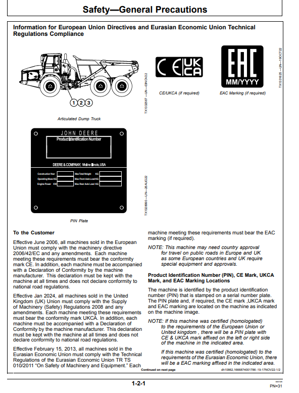JOHN DEERE 410 P AND 460 P ARTICULATED DUMP TRUCK OPERATOR MANUAL OMT476391X019