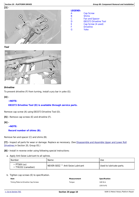 JOHN DEERE 500R 5 METER ROTARY PLATFORM REPAIR TECHNICAL MANUAL TM133719