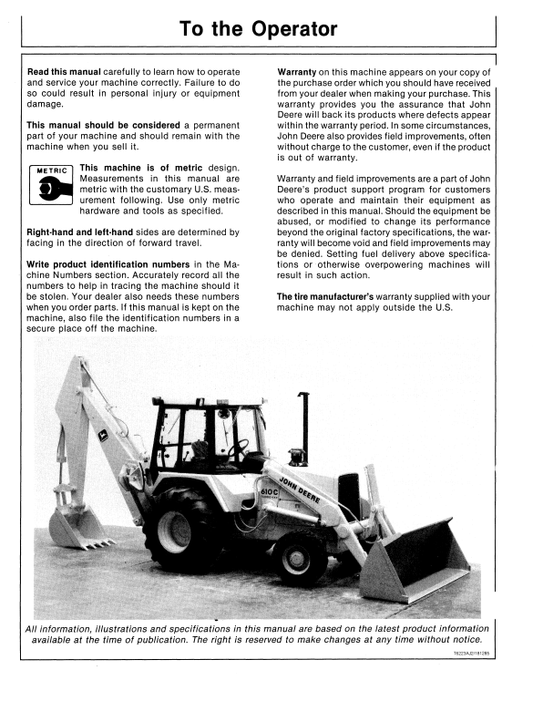 JOHN DEERE 610C BACKHOE LOADER OPERATOR MANUAL OMT105781