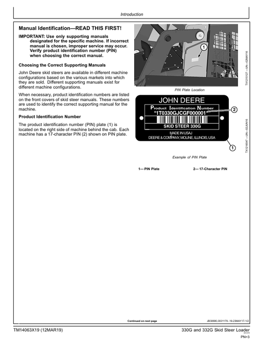 JOHN DEERE 330G, 332G SKID STEER LOADER SERVICE REPAIR MANUAL TM14063X19