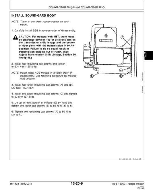 JOHN DEERE 8560, 8760 AND 8960 TRACTOR REPAIR MANUAL TM1433