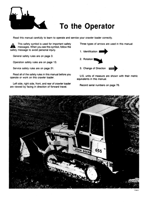 JOHN DEERE 655 CRAWLER LOADER OPERATOR MANUAL OMT76074