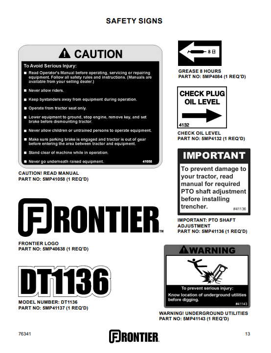 JOHN DEERE DT1136 TRENCHER CAT. I 3-POINT HITCH 0PERATOR AND PARTS MANUAL 5MP76341