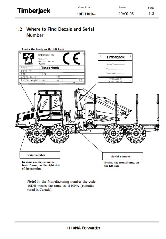 JOHN DEERE TIMBERJACK 1110NA FORWARDER OPERATOR MANUAL F061132
