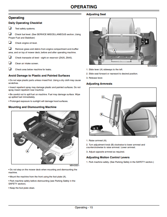 JOHN DEERE Z425, Z645 EZTRAK OPERATOR MANUAL OMM166325