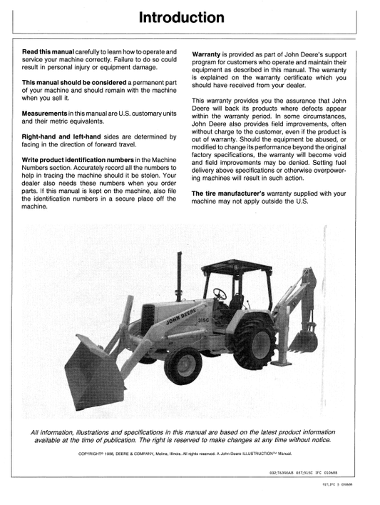 JOHN DEERE 315C SIDESHIFT BACKHOE LOADER OPERATOR MANUAL OMT122181