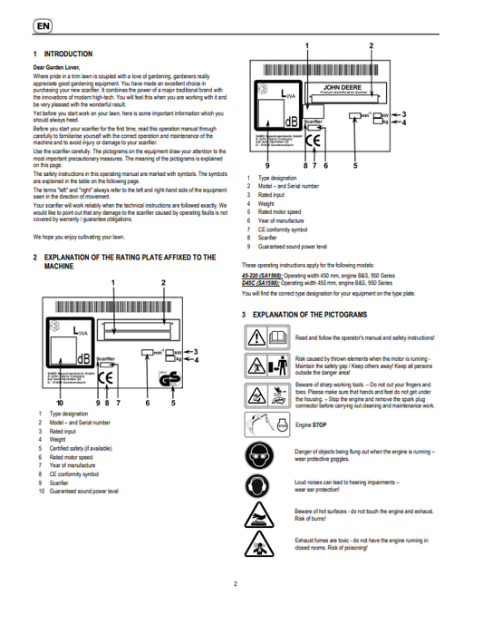 JOHN DEERE 45-220, D45C SCARIFIERS OPERATOR MANUAL SAU14750