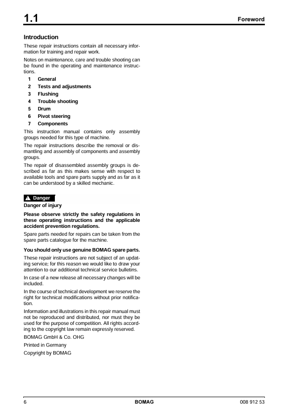BOMAG BW180AD Vibratory Roller Instructions Manual 2002 PDF