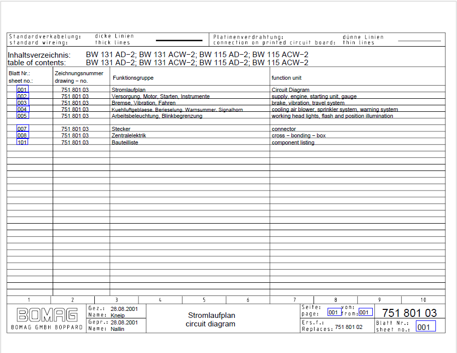 BOMAG BW 131 ACW-2 Combination Roller Electric & Hydraulic Schematic Diagram Manual (101750111004 - 101750111391)