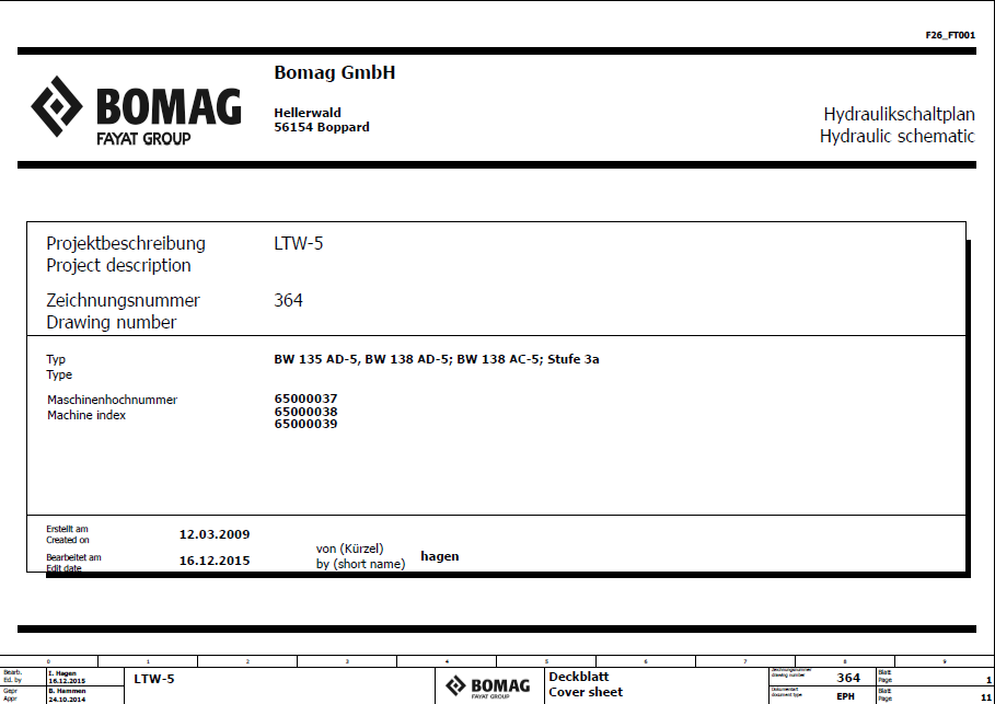 BOMAG BW 135 AD-5 Tandem Vibratory Roller Electric and Hydraulic Schematic Diagram Manual (Serial Numbers 101650391001 - 101650399999)