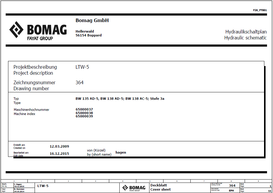 BOMAG BW 138 AC-5 Combination Roller Electric & Hydraulic Schematic Diagram Manual (101650381001-101650389999)