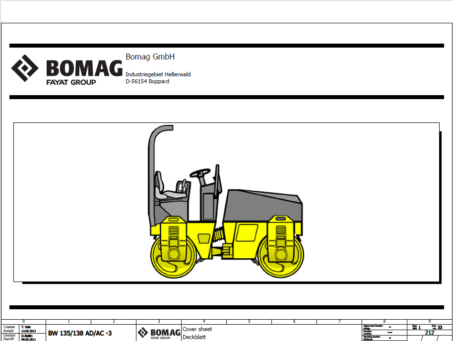 BOMAG BW 138 AC Combination Roller Electric & Hydraulic Schematic Diagram Manual (Serial: 101650181001 - 101650181271)