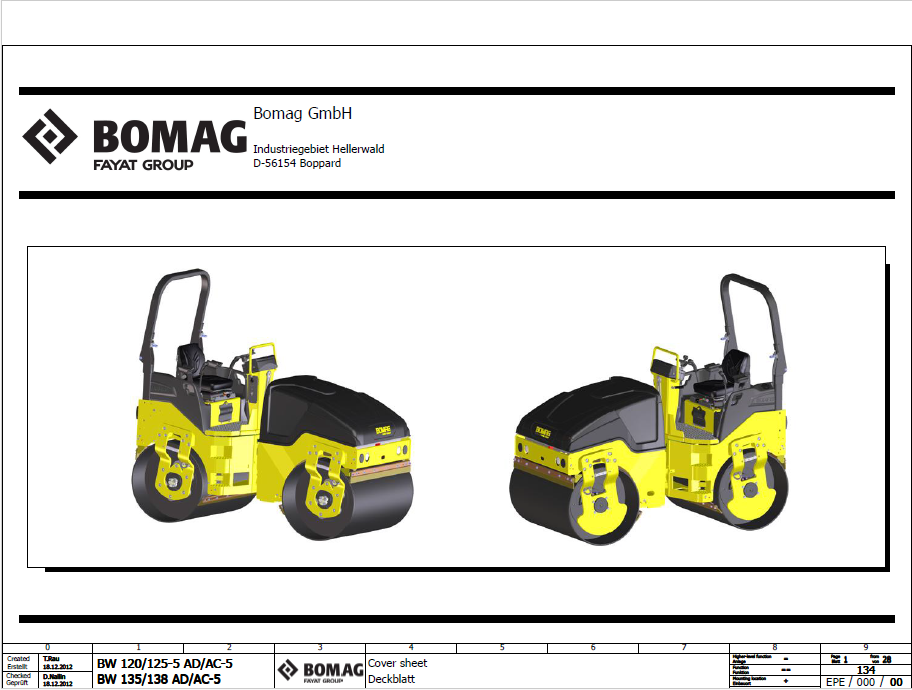 BOMAG BW 138 AD-5 Tandem Vibratory Roller Electric & Hydraulic Schematic Diagram Manual (S/N 101650301003 - 101650301825)