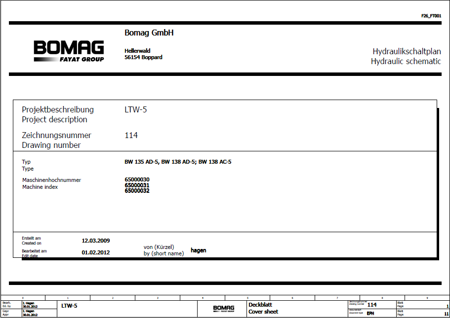BOMAG BW 138 AD-5 Tandem Vibratory Roller Electric & Hydraulic Schematic Manual (SN: 101650331001-101650331058)