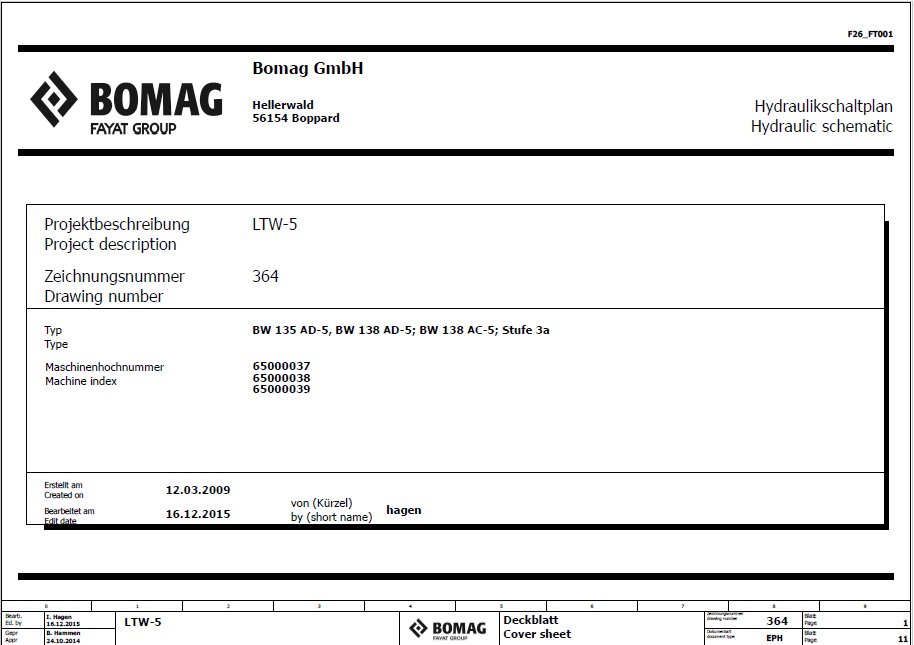 BOMAG BW 138 AD-5 Tandem Vibratory Roller Electric and Hydraulic Schematic Diagram Manual (101650371001 - 101650379999)