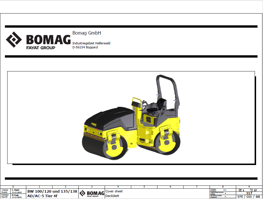 BOMAG BW 138 AD-5 Tandem Vibratory Roller Electric and Hydraulic Schematic Diagram Manual (S/N: 101650341001 - 101650349999)