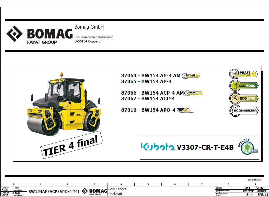 BOMAG BW 154 ACP-4V Combination Roller Electric & Hydraulic Schematic Diagram Manual 101870871001 - 101870879999