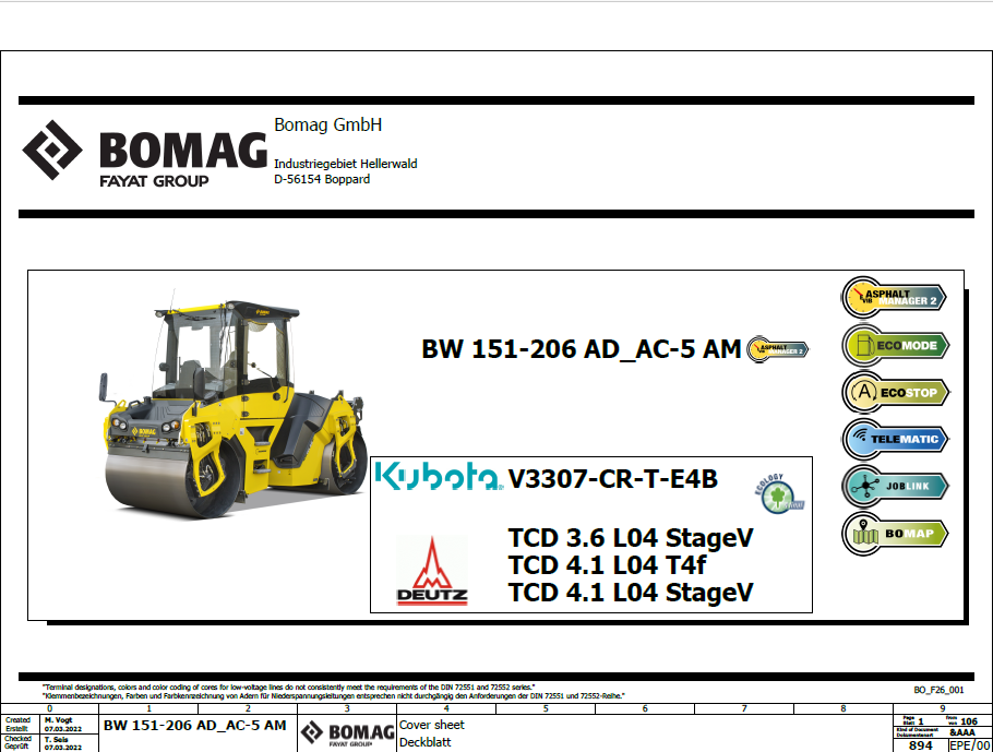 BOMAG BW 161 AD-5 AM Tier 4 / Stage V Tandem Vibratory Roller Electric & Hydraulic Schematic Diagram Manual (SN: 101921891001 - 101921899999)