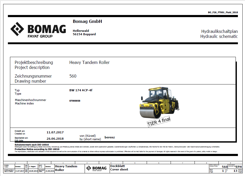 BOMAG BW 174 ACP-4F Combination Roller Electric & Hydraulic Schematic Manual