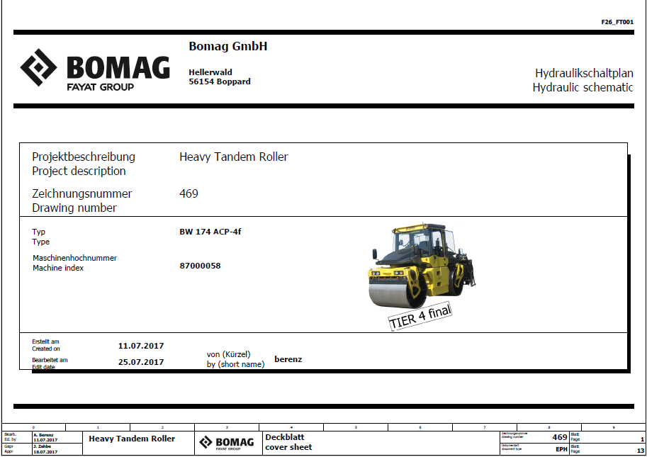 BOMAG BW 174 ACP-4F Combination Roller Electric and Hydraulic Schematic Diagram Manual (SN: 101870581001 - 101870589999)