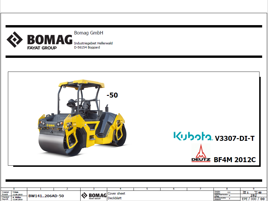 BOMAG BW 202 AD-50 Tandem Vibratory Roller Electric and Hydraulic Schematic Diagram Manual (Serial Numbers: 101921191001 - 101921199999)