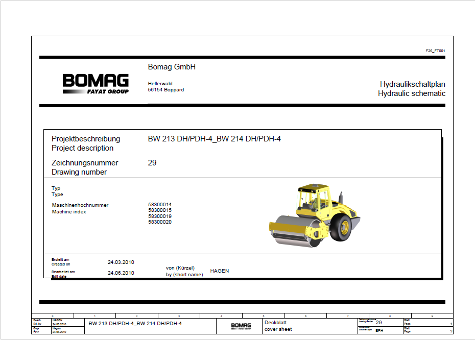 BOMAG BW 213 DH-4 Single Drum Vibratory Roller Electric and Hydraulic Schematic Diagram Manual (S/N: 101584111001 - 101584111115)