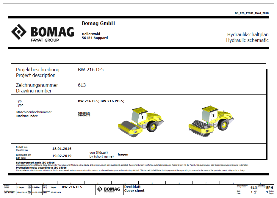 BOMAG BW 216 D-5 Single Drum Vibratory Roller Electric and Hydraulic Schematic Diagram Manual (S/N: 101586911001 - 101586919999)